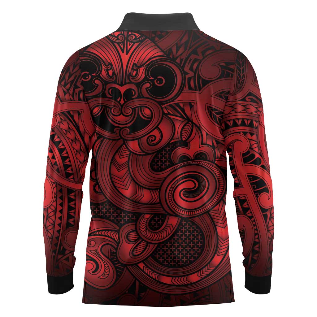 Aotearoa Maori Hei Tiki Long Sleeve Polo Shirt Whero Kowhaiwhai Puhoro Motif