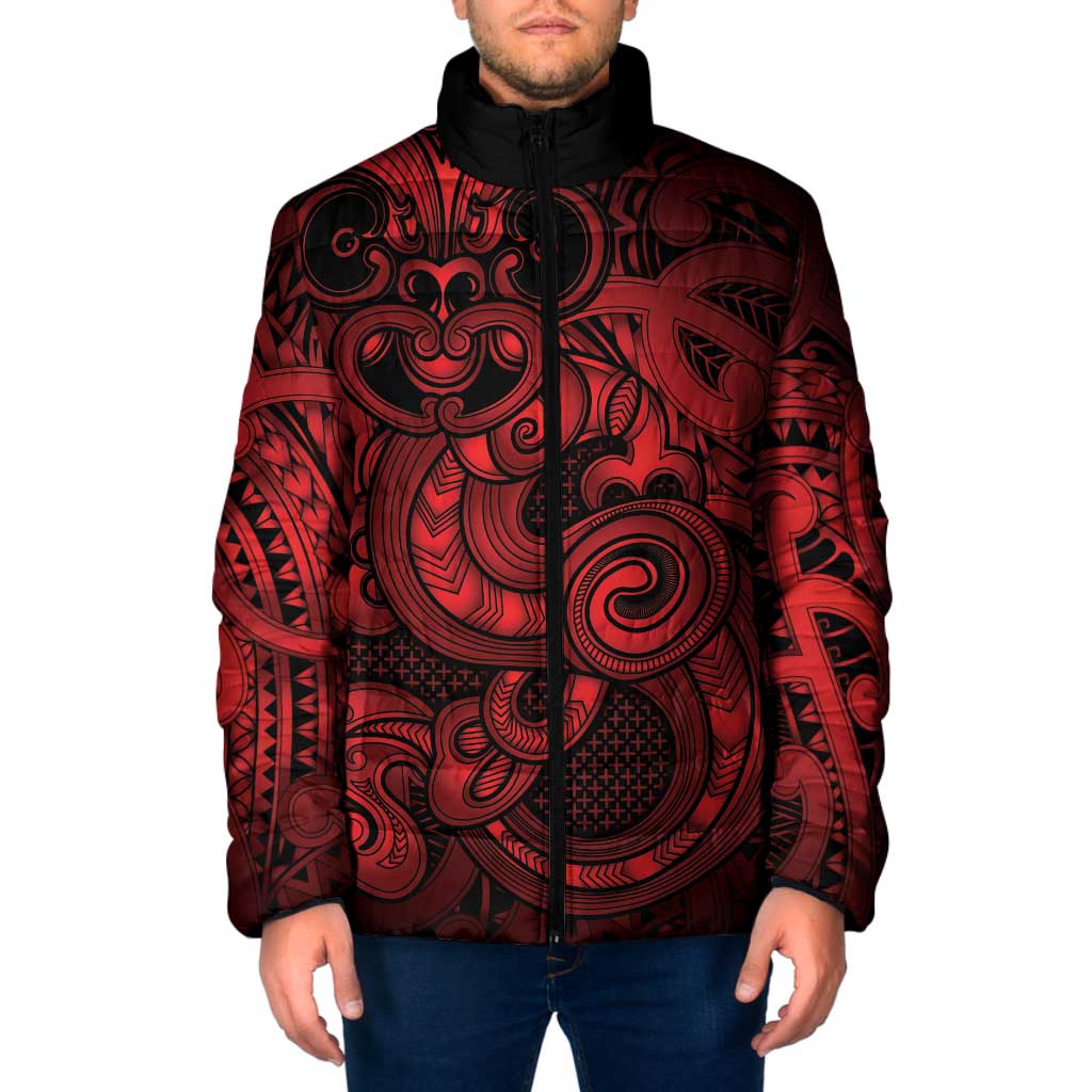 Aotearoa Maori Hei Tiki Padded Jacket Whero Kowhaiwhai Puhoro Motif