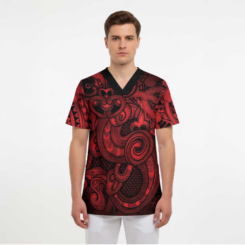 Aotearoa Maori Hei Tiki Scrub Top Whero Kowhaiwhai Puhoro Motif LT9 - Polynesian Pride