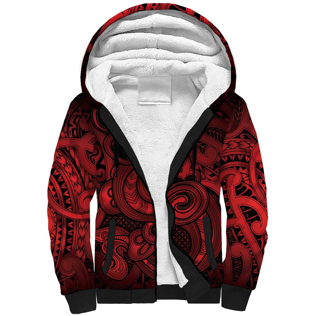 Aotearoa Maori Hei Tiki Sherpa Hoodie Whero Kowhaiwhai Puhoro Motif LT9 Unisex Red - Polynesian Pride