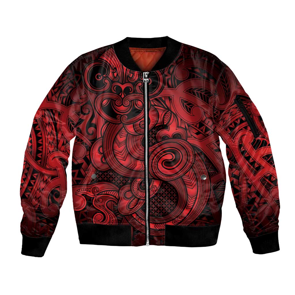 Aotearoa Maori Hei Tiki Sleeve Zip Bomber Jacket Whero Kowhaiwhai Puhoro Motif LT9 Unisex Red - Polynesian Pride