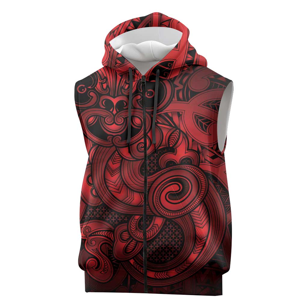 Aotearoa Maori Hei Tiki Sleeveless Zip Hoodie Whero Kowhaiwhai Puhoro Motif LT9 Red - Polynesian Pride