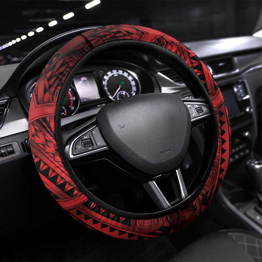 Aotearoa Maori Hei Tiki Steering Wheel Cover Whero Kowhaiwhai Puhoro Motif LT9 Universal Fit Red - Polynesian Pride