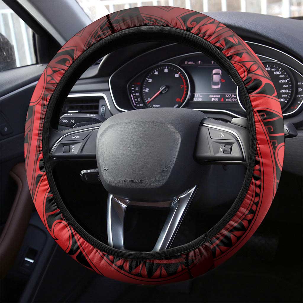 Aotearoa Maori Hei Tiki Steering Wheel Cover Whero Kowhaiwhai Puhoro Motif