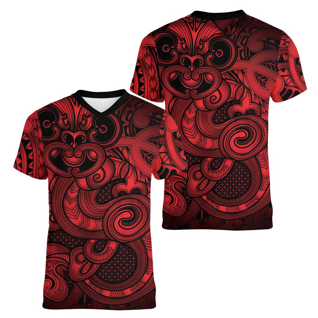 Aotearoa Maori Hei Tiki Women V-Neck T-Shirt Whero Kowhaiwhai Puhoro Motif