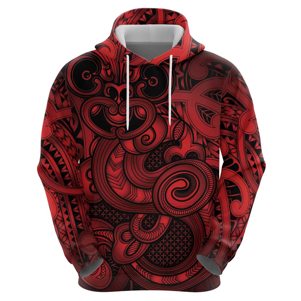 Aotearoa Maori Hei Tiki Zip Hoodie Whero Kowhaiwhai Puhoro Motif