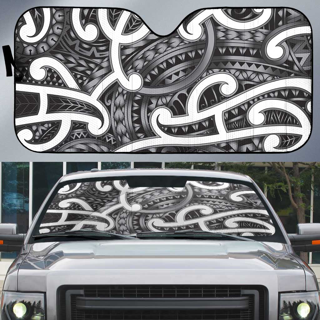 Aotearoa Maori Kowhaiwhai Auto Sun Shade Kiwikiwi Puhoro and Patiki LT9 Grey - Polynesian Pride