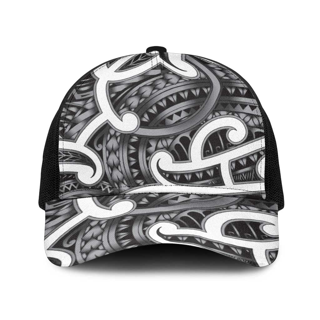 Aotearoa Maori Kowhaiwhai Baseball Net Cap Kiwikiwi Puhoro and Patiki LT9 One Size Black Grey - Polynesian Pride
