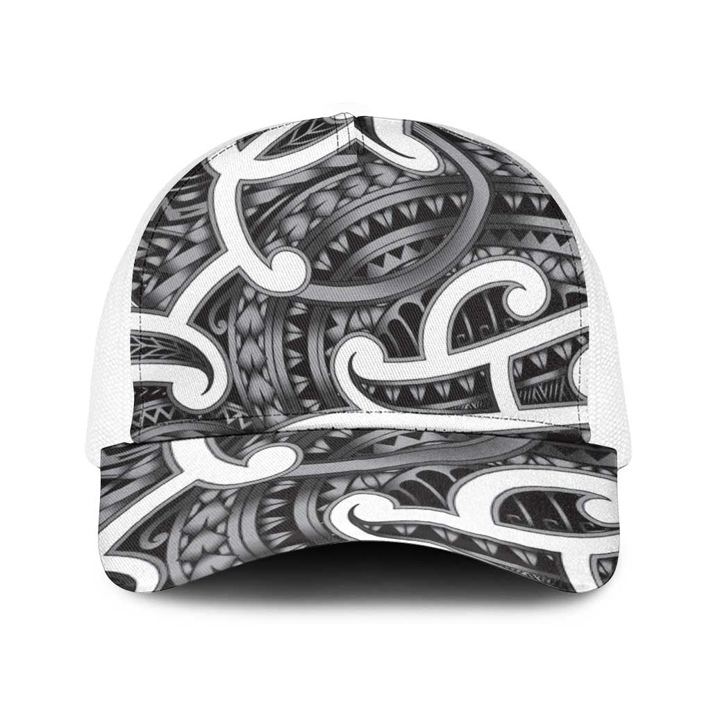 Aotearoa Maori Kowhaiwhai Baseball Net Cap Kiwikiwi Puhoro and Patiki LT9 One Size White Grey - Polynesian Pride
