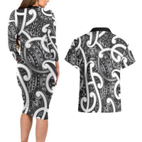 Aotearoa Maori Kowhaiwhai Couples Matching Long Sleeve Bodycon Dress and Hawaiian Shirt Kiwikiwi Puhoro and Patiki