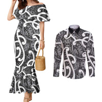 Aotearoa Maori Kowhaiwhai Couples Matching Mermaid Dress and Long Sleeve Button Shirt Kiwikiwi Puhoro and Patiki