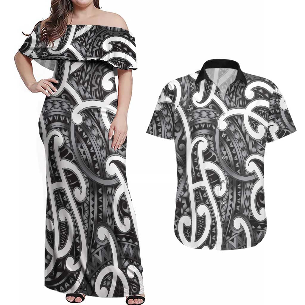 Aotearoa Maori Kowhaiwhai Couples Matching Off Shoulder Maxi Dress and Hawaiian Shirt Kiwikiwi Puhoro and Patiki LT9 Grey - Polynesian Pride