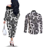 Aotearoa Maori Kowhaiwhai Couples Matching Off The Shoulder Long Sleeve Dress and Long Sleeve Button Shirt Kiwikiwi Puhoro and Patiki