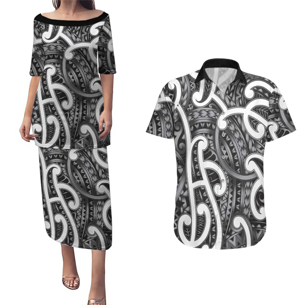Aotearoa Maori Kowhaiwhai Couples Matching Puletasi and Hawaiian Shirt Kiwikiwi Puhoro and Patiki LT9 Grey - Polynesian Pride