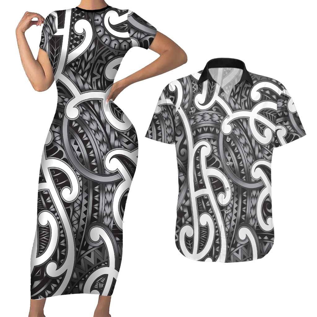 Aotearoa Maori Kowhaiwhai Couples Matching Short Sleeve Bodycon Dress and Hawaiian Shirt Kiwikiwi Puhoro and Patiki