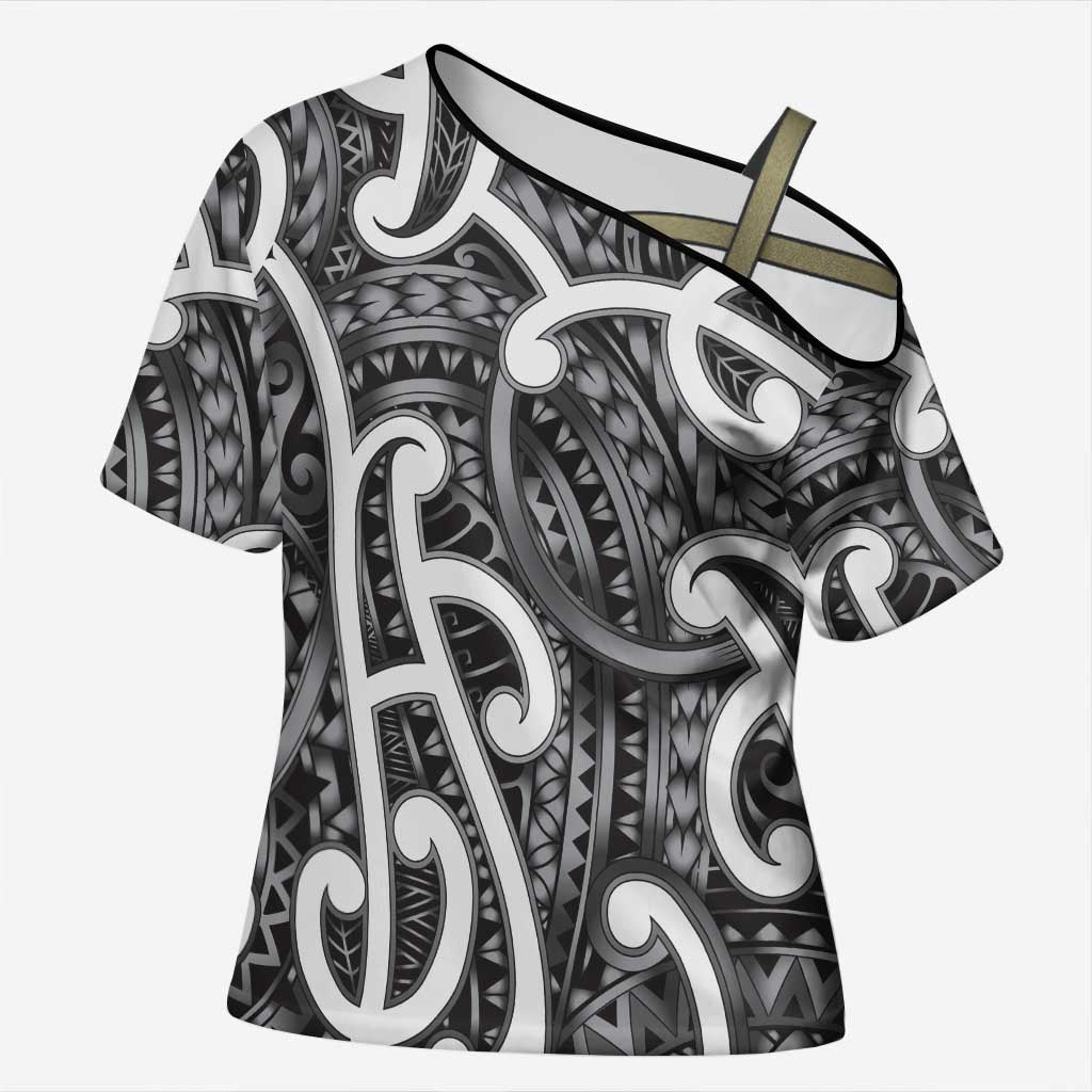 Aotearoa Maori Kowhaiwhai Cross Shoulder Shirt Kiwikiwi Puhoro and Patiki LT9 Female Grey - Polynesian Pride