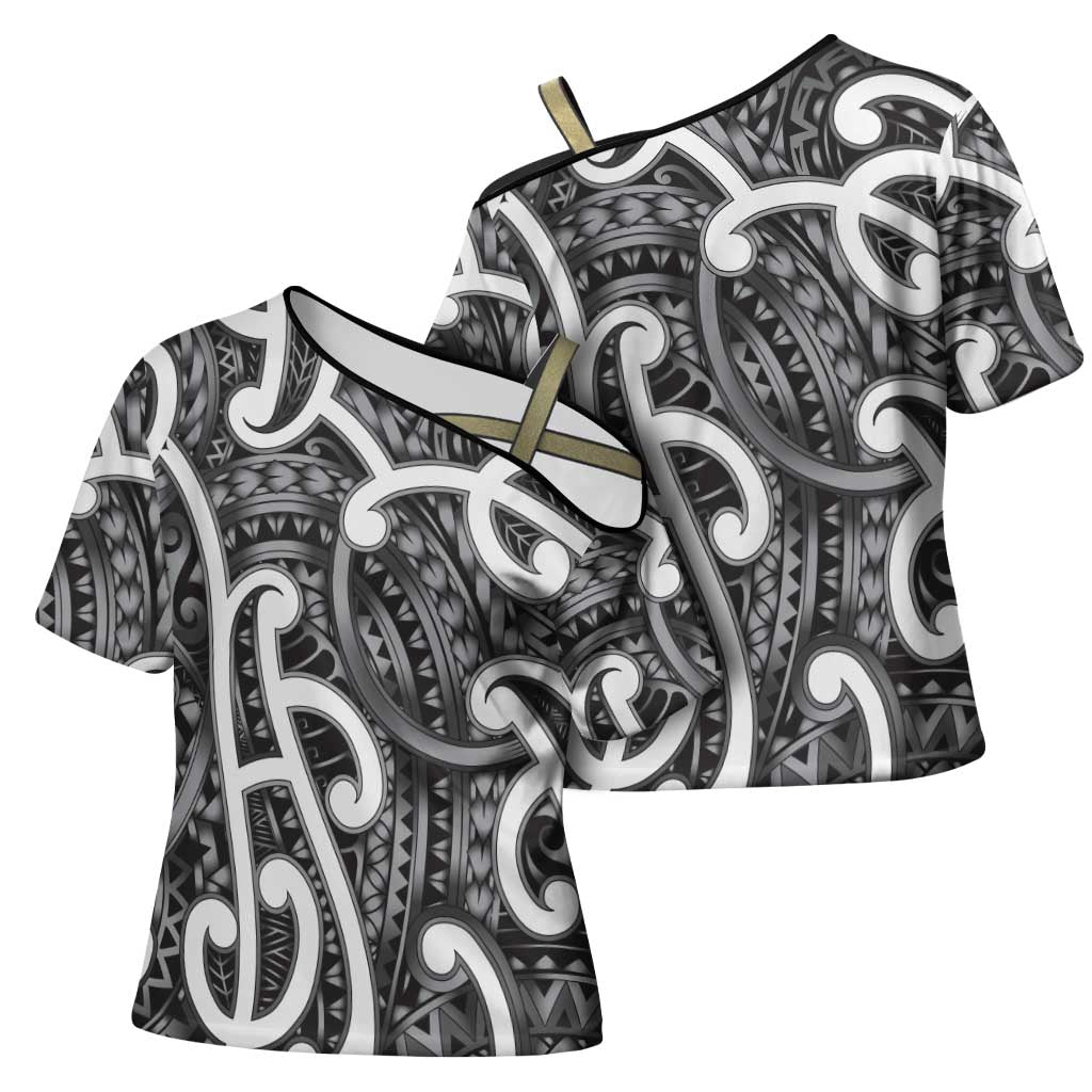 Aotearoa Maori Kowhaiwhai Cross Shoulder Shirt Kiwikiwi Puhoro and Patiki LT9 - Polynesian Pride