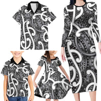Aotearoa Maori Kowhaiwhai Family Matching Long Sleeve Bodycon Dress and Hawaiian Shirt Kiwikiwi Puhoro and Patiki