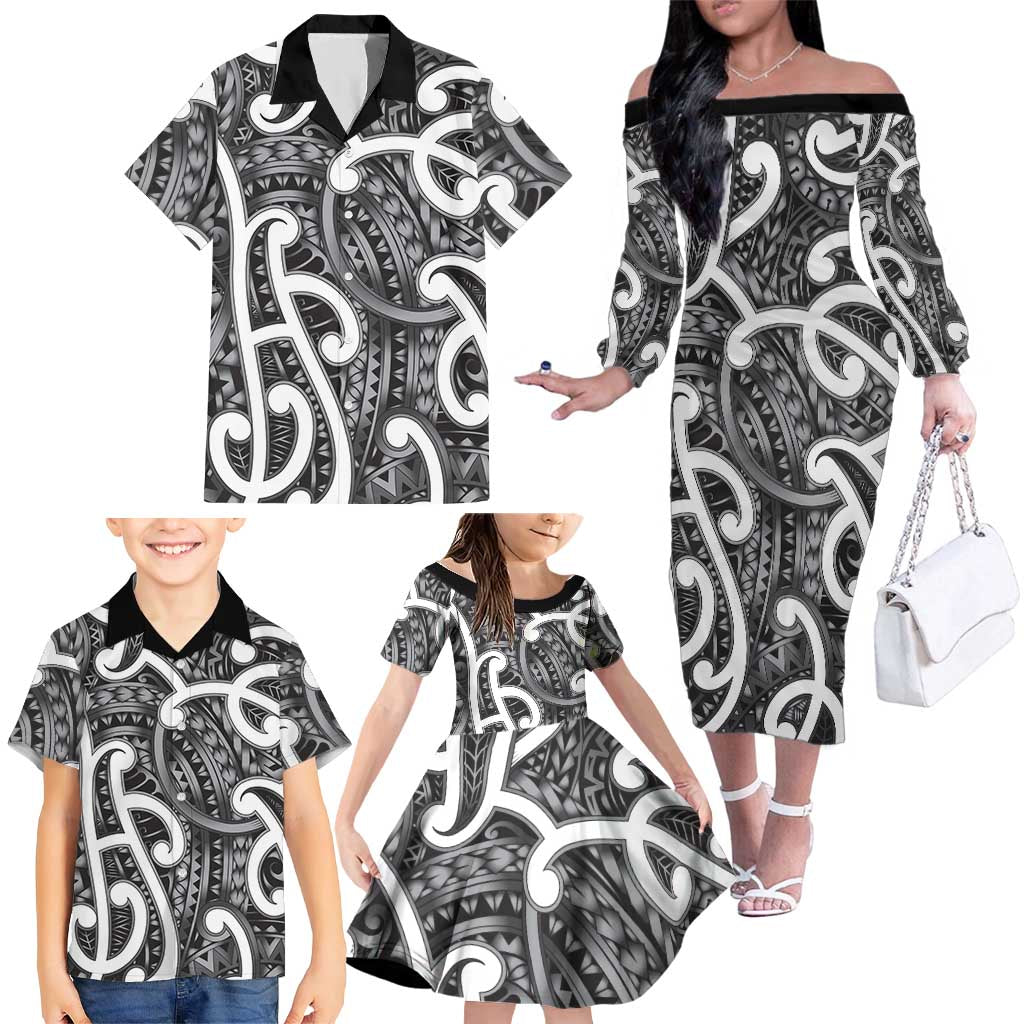 Aotearoa Maori Kowhaiwhai Family Matching Off The Shoulder Long Sleeve Dress and Hawaiian Shirt Kiwikiwi Puhoro and Patiki LT9 - Polynesian Pride