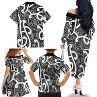 Aotearoa Maori Kowhaiwhai Family Matching Off The Shoulder Long Sleeve Dress and Hawaiian Shirt Kiwikiwi Puhoro and Patiki