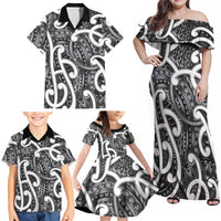 Aotearoa Maori Kowhaiwhai Family Matching Off Shoulder Maxi Dress and Hawaiian Shirt Kiwikiwi Puhoro and Patiki