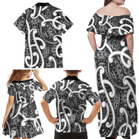 Aotearoa Maori Kowhaiwhai Family Matching Off Shoulder Maxi Dress and Hawaiian Shirt Kiwikiwi Puhoro and Patiki