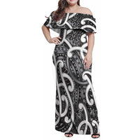 Aotearoa Maori Kowhaiwhai Family Matching Off Shoulder Maxi Dress and Hawaiian Shirt Kiwikiwi Puhoro and Patiki