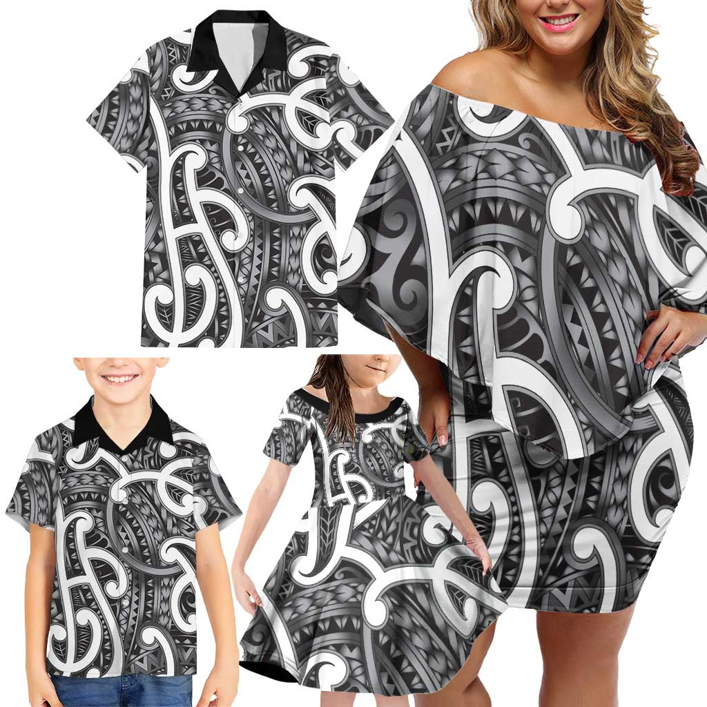 Aotearoa Maori Kowhaiwhai Family Matching Off Shoulder Short Dress and Hawaiian Shirt Kiwikiwi Puhoro and Patiki