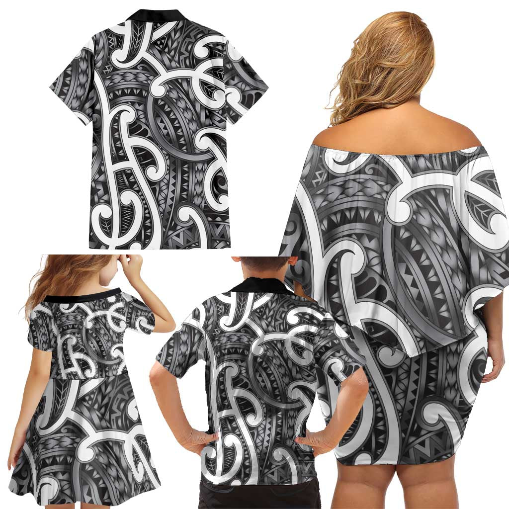 Aotearoa Maori Kowhaiwhai Family Matching Off Shoulder Short Dress and Hawaiian Shirt Kiwikiwi Puhoro and Patiki
