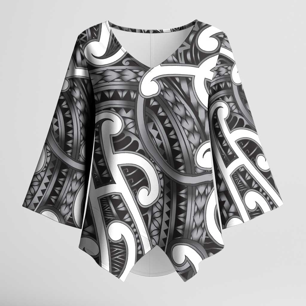 Aotearoa Maori Kowhaiwhai Kimono Sleeve Blouse Kiwikiwi Puhoro and Patiki LT9 Female Grey - Polynesian Pride