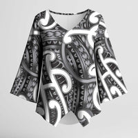 Aotearoa Maori Kowhaiwhai Kimono Sleeve Blouse Kiwikiwi Puhoro and Patiki LT9 Female Grey - Polynesian Pride