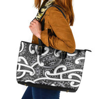 Aotearoa Maori Kowhaiwhai Leather Tote Bag Kiwikiwi Puhoro and Patiki LT9 Grey - Polynesian Pride