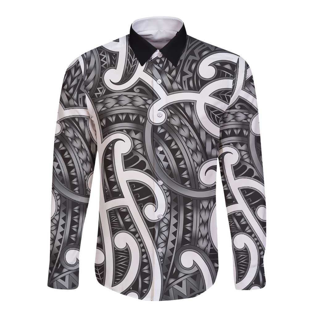 Aotearoa Maori Kowhaiwhai Long Sleeve Button Shirt Kiwikiwi Puhoro and Patiki LT9 Unisex Grey - Polynesian Pride
