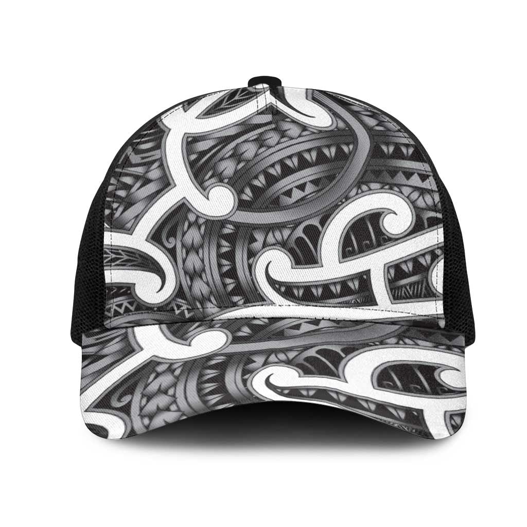 Aotearoa Maori Kowhaiwhai Mesh Trucker Cap Kiwikiwi Puhoro and Patiki LT9 One Size Black Grey - Polynesian Pride