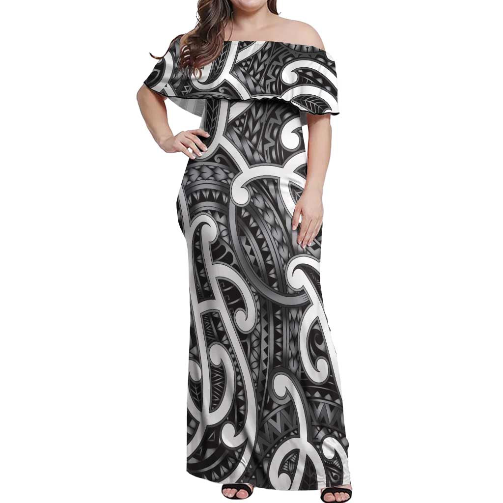 Aotearoa Maori Kowhaiwhai Off Shoulder Maxi Dress Kiwikiwi Puhoro and Patiki LT9 Women Grey - Polynesian Pride