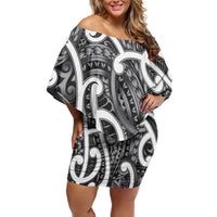 Aotearoa Maori Kowhaiwhai Off Shoulder Short Dress Kiwikiwi Puhoro and Patiki