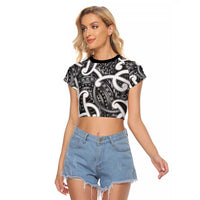 Aotearoa Maori Kowhaiwhai Raglan Cropped T Shirt Kiwikiwi Puhoro and Patiki LT9 Female Grey - Polynesian Pride