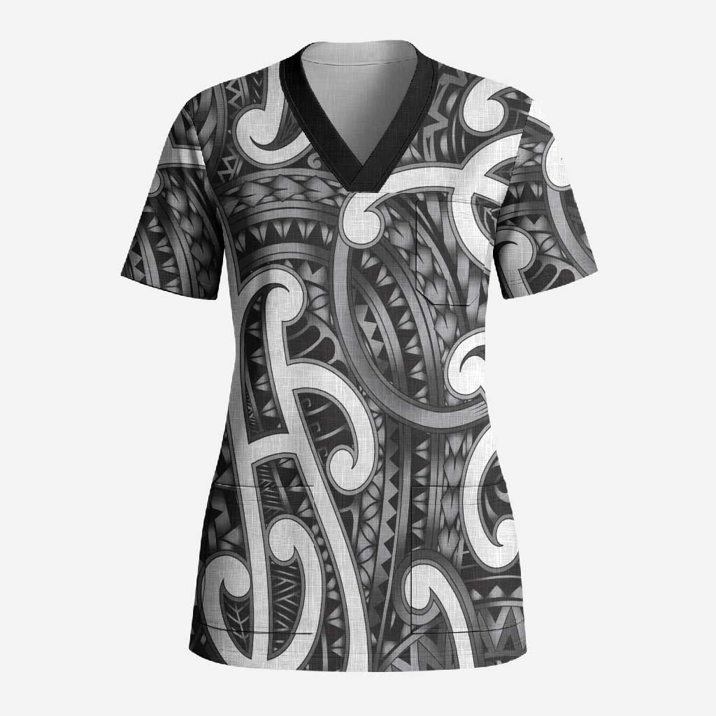Aotearoa Maori Kowhaiwhai Scrub Top Kiwikiwi Puhoro and Patiki LT9 Adult Grey - Polynesian Pride