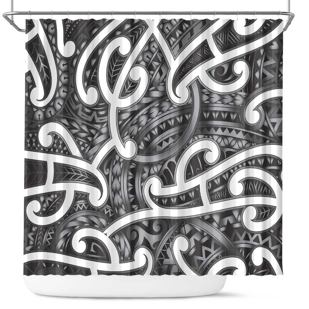 Aotearoa Maori Kowhaiwhai Shower Curtain Kiwikiwi Puhoro and Patiki LT9 Grey - Polynesian Pride