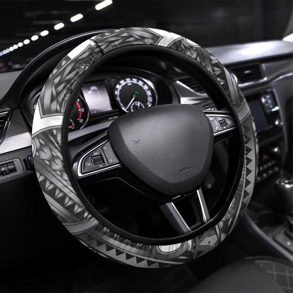 Aotearoa Maori Kowhaiwhai Steering Wheel Cover Kiwikiwi Puhoro and Patiki LT9 Universal Fit Grey - Polynesian Pride