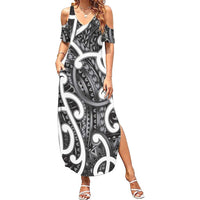 Aotearoa Maori Kowhaiwhai Summer Maxi Dress Kiwikiwi Puhoro and Patiki LT9 Women Grey - Polynesian Pride