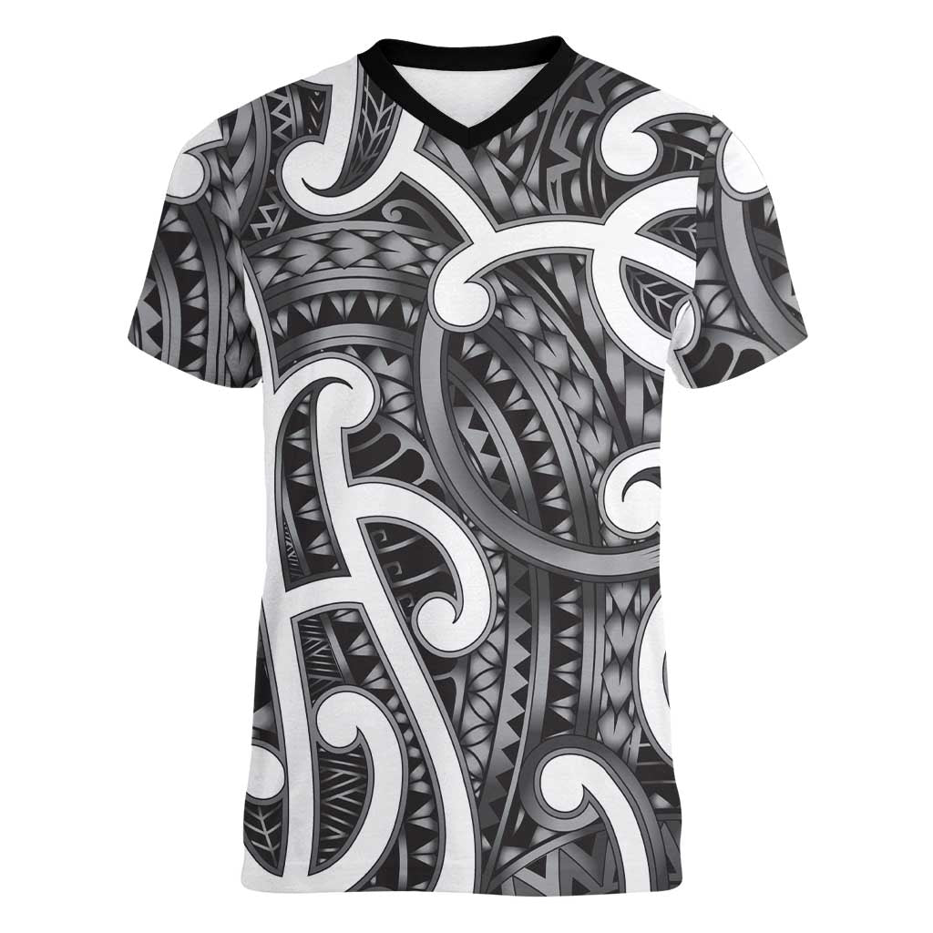 Aotearoa Maori Kowhaiwhai Women V-Neck T-Shirt Kiwikiwi Puhoro and Patiki LT9 Female Grey - Polynesian Pride