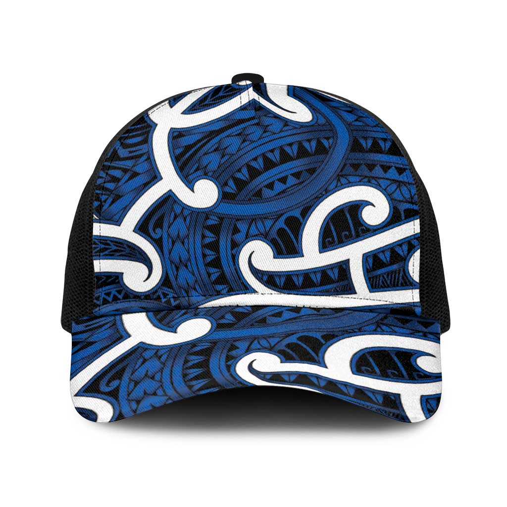 Aotearoa Maori Kowhaiwhai Baseball Net Cap Kikorangi Puhoro and Patiki LT9 One Size Black Blue - Polynesian Pride