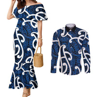 Aotearoa Maori Kowhaiwhai Couples Matching Mermaid Dress and Long Sleeve Button Shirt Kikorangi Puhoro and Patiki