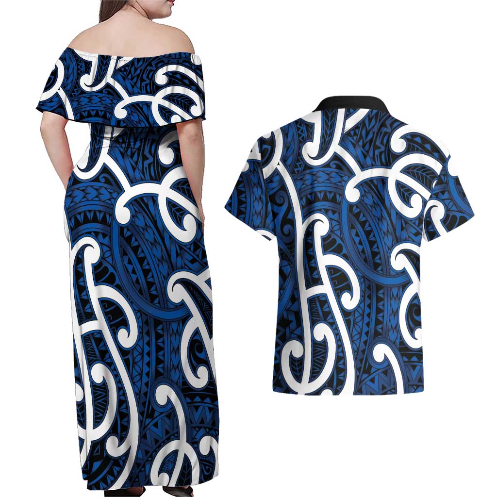 Aotearoa Maori Kowhaiwhai Couples Matching Off Shoulder Maxi Dress and Hawaiian Shirt Kikorangi Puhoro and Patiki