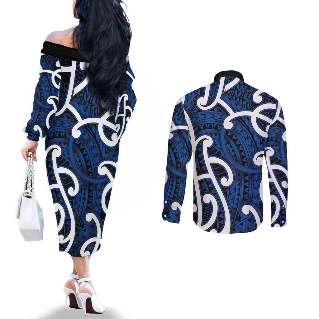 Aotearoa Maori Kowhaiwhai Couples Matching Off The Shoulder Long Sleeve Dress and Long Sleeve Button Shirt Kikorangi Puhoro and Patiki