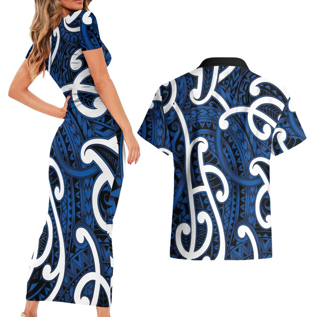 Aotearoa Maori Kowhaiwhai Couples Matching Short Sleeve Bodycon Dress and Hawaiian Shirt Kikorangi Puhoro and Patiki