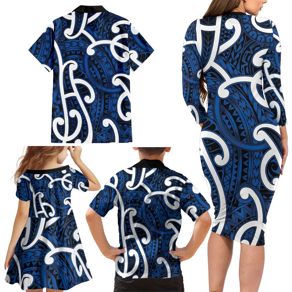 Aotearoa Maori Kowhaiwhai Family Matching Long Sleeve Bodycon Dress and Hawaiian Shirt Kikorangi Puhoro and Patiki