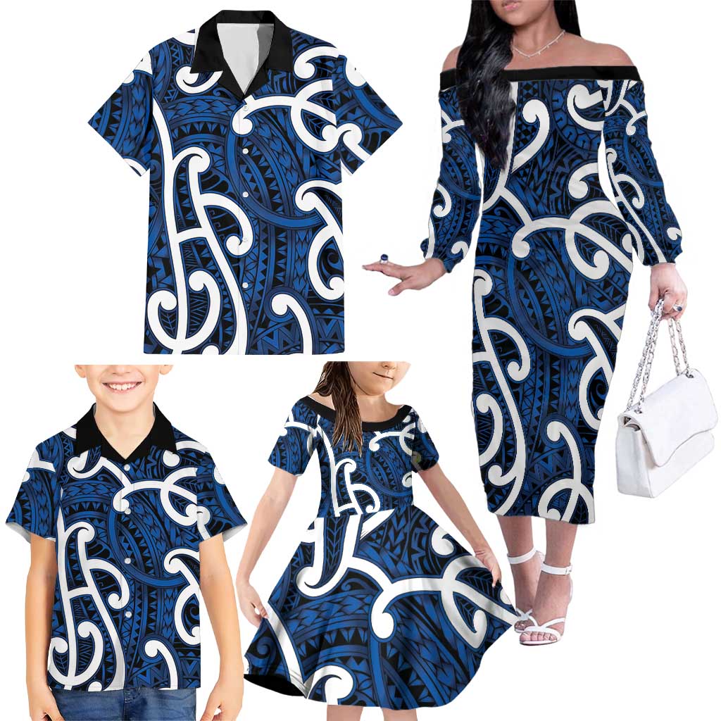 Aotearoa Maori Kowhaiwhai Family Matching Off The Shoulder Long Sleeve Dress and Hawaiian Shirt Kikorangi Puhoro and Patiki