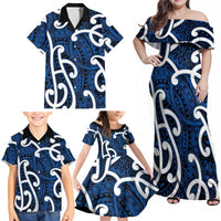Aotearoa Maori Kowhaiwhai Family Matching Off Shoulder Maxi Dress and Hawaiian Shirt Kikorangi Puhoro and Patiki